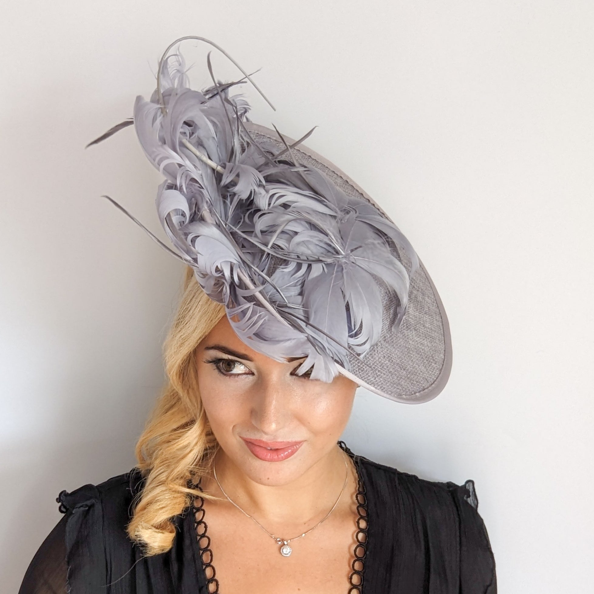 Grey feather large saucer disc fascinator hat – House of Hats