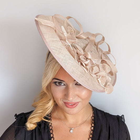 Nude pink large lace flower saucer fascinator hat