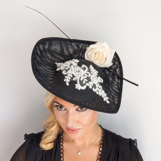 Black white large teardrop rose flower fascinator hat