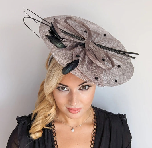Grey large feather polka dot saucer disc fascinator hat House of Hats