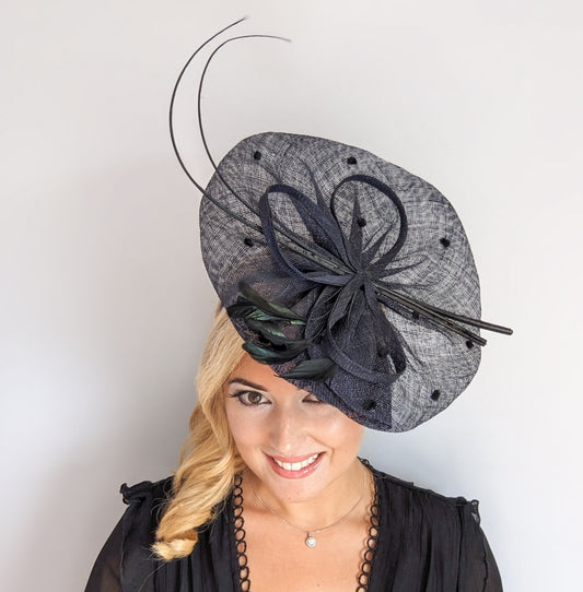 Navy blue large feather polka dot saucer disc fascinator hat