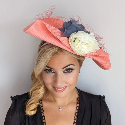 Coral pink large woven straw flower fascinator hat House of Hats