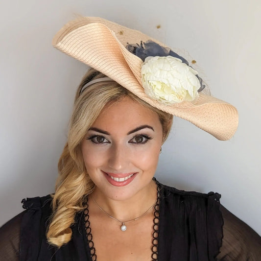 Pale peach large woven straw flower fascinator hat House of Hats