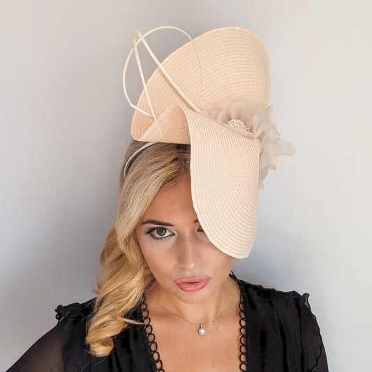 Pale peach large woven straw flower fascinator hat