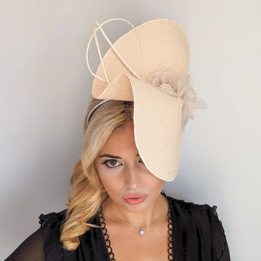 Pale peach large woven straw flower fascinator hat House of Hats