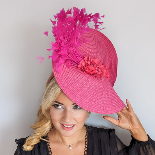 Fuchsia pink large woven straw flower feather fascinator hat