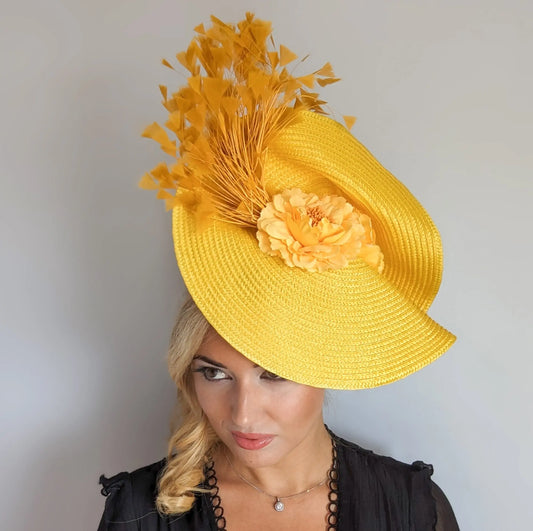 Yellow large woven straw flower feather fascinator hat House of Hats