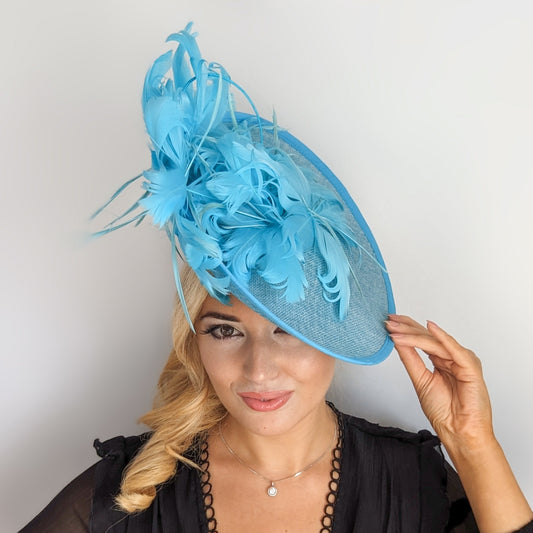 Aqua sky blue large feather saucer disc fascinator hat