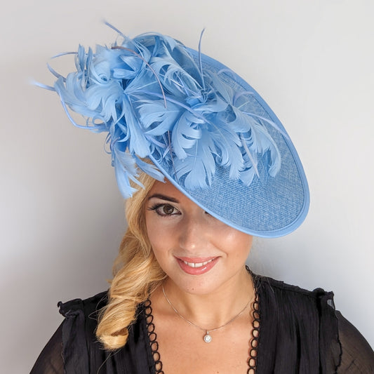 Light cornflower blue large feather saucer disc fascinator hat