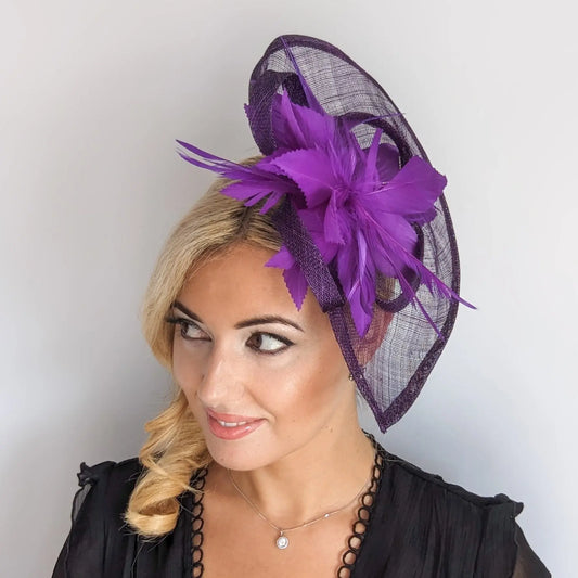 Dark aubergine cadbury purple feather large teardrop fascinator hat House of Hats