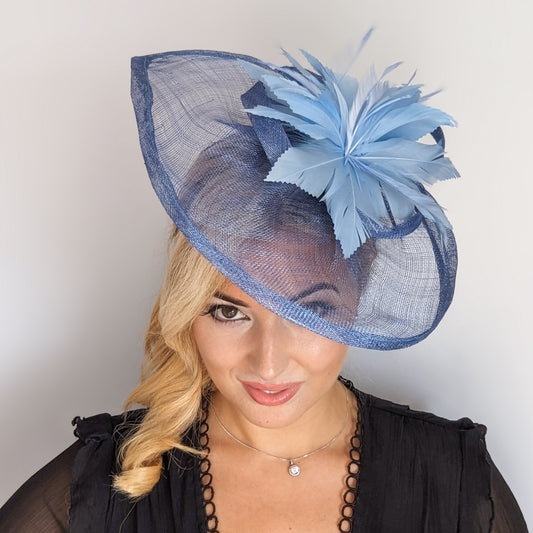 Cornflower blue feather large teardrop fascinator hat