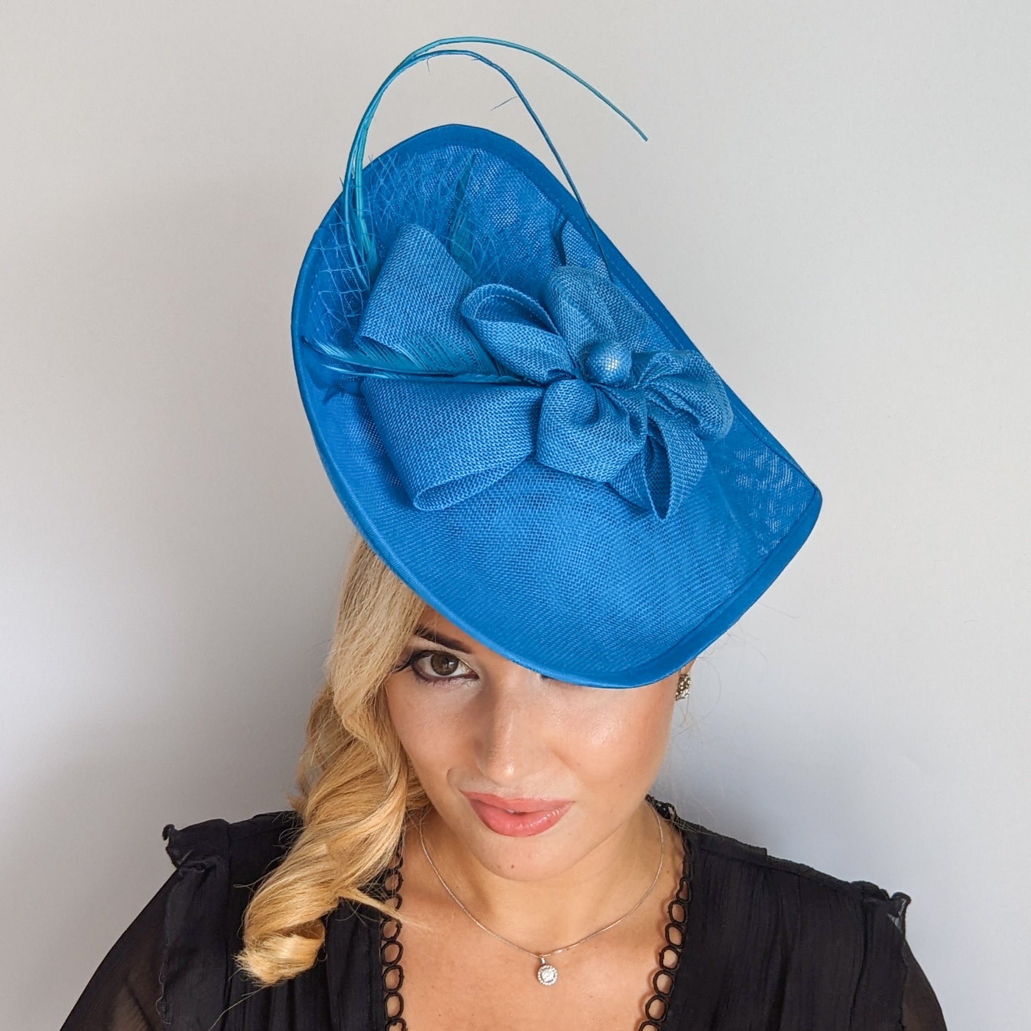 Sea blue large teardrop flower feather fascinator hat Sea blue large teardrop flower feather fascinator hat