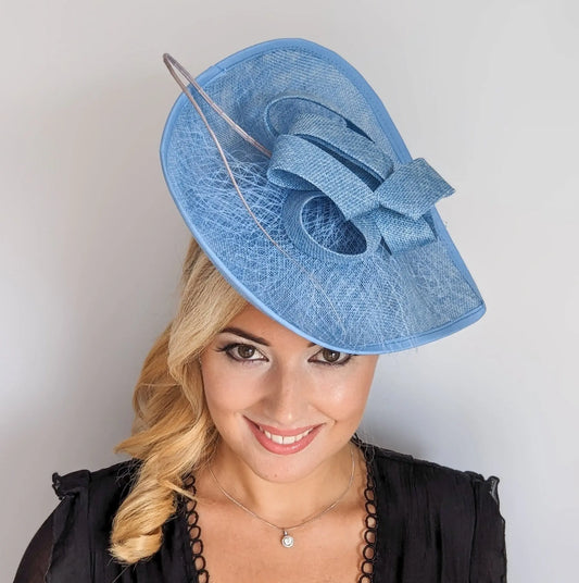 Light cornflower blue large teardrop flower feather fascinator hat House of Hats