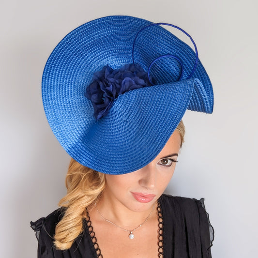 Azure blue large woven straw flower fascinator hat