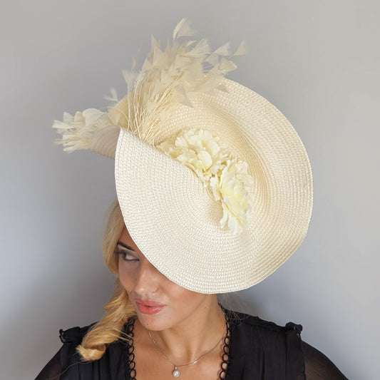 Cream large woven straw flower feather fascinator hat