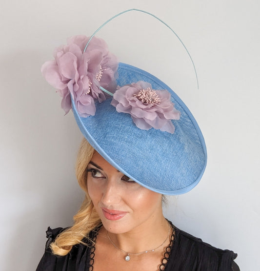 Light cornflower blue and pink large flower saucer disc fascinator hat