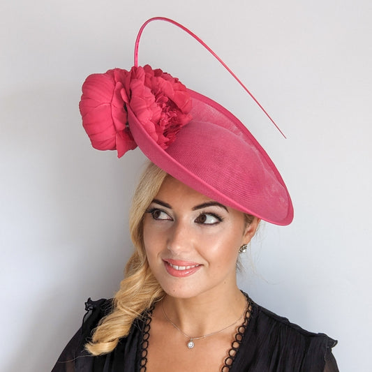 Fuchsia pink large flower saucer disc fascinator hat