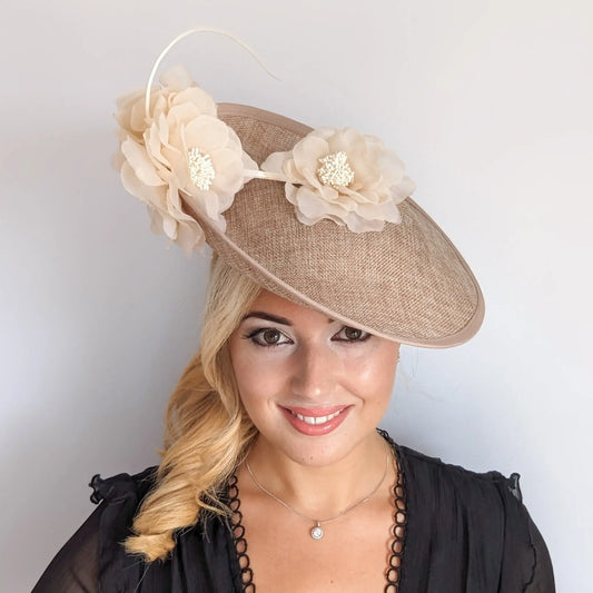 Beige large flower saucer disc fascinator hat House of Hats