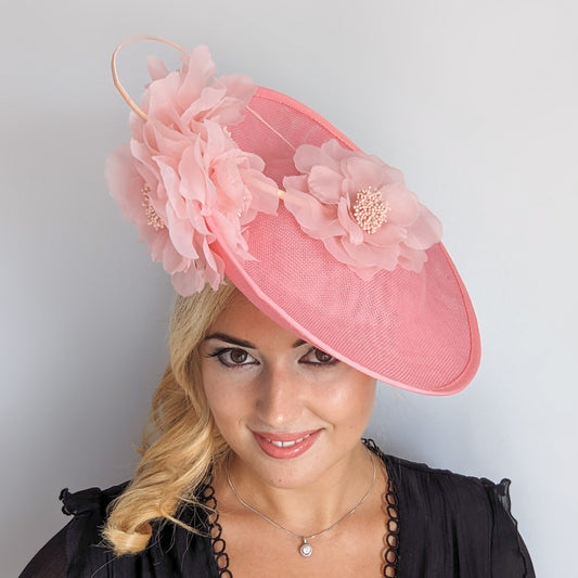 Pink large flower saucer disc fascinator hat