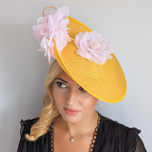 Yellow and pink large flower saucer disc fascinator hat