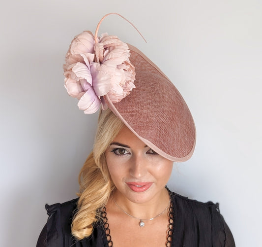 Blush pink large flower saucer disc fascinator hat