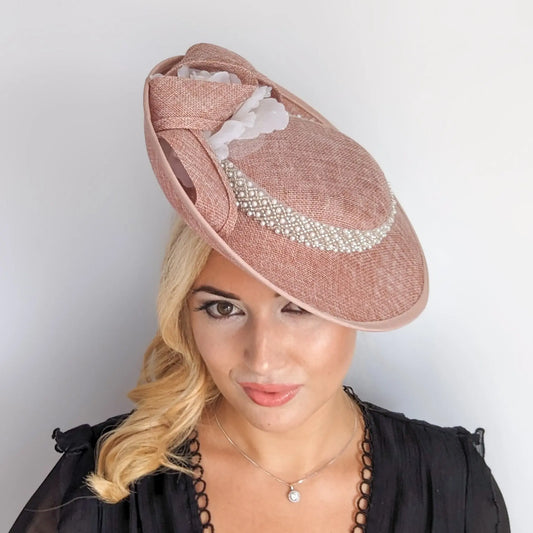 Blush pink beaded large flower saucer disc fascinator hat House of Hats