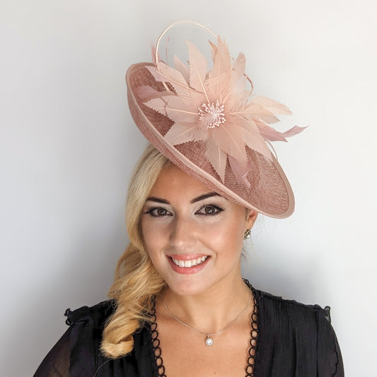 Blush pink large feather saucer disc fascinator hat