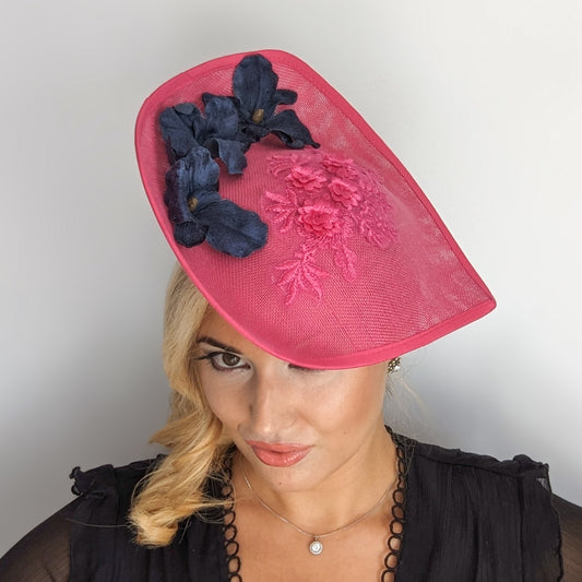 Fuchsia and navy large teardrop flower fascinator hat