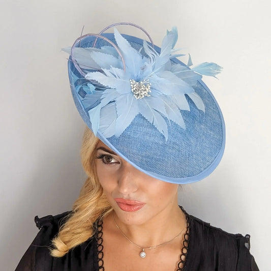 Light cornflower blue large feather saucer disc fascinator hat House of Hats