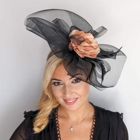 Black large flower feather crin fascinator hat
