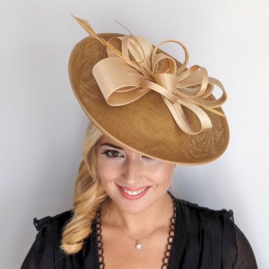 Gold feather large saucer disc fascinator hat