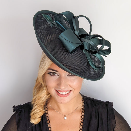 Dark emerald green feather large saucer disc fascinator hat