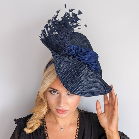 Navy blue large woven straw flower feather fascinator hat
