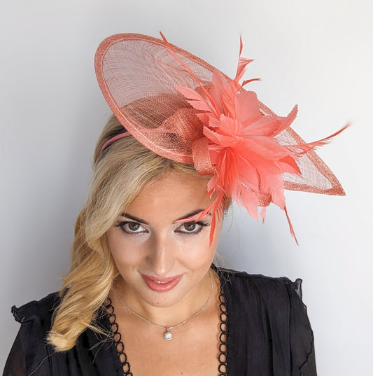 Coral feather large teardrop fascinator hat