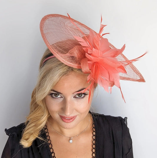 Watermelon coral feather large teardrop fascinator hat House of Hats