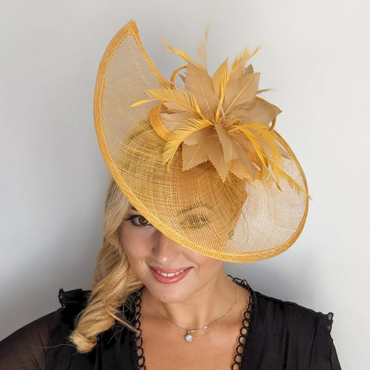 Golden yellow feather large teardrop fascinator hat House of Hats