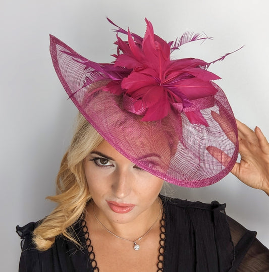 Magenta pink feather large teardrop fascinator hat