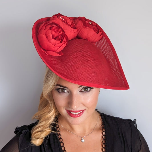 Red large teardrop peony flower fascinator hat