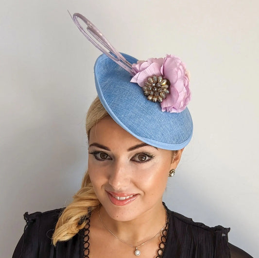 Light cornflower blue flower disc saucer fascinator hat House of Hats