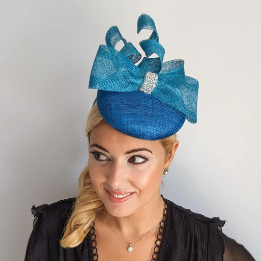 Sea blue crystal bow fascinator hat House of Hats
