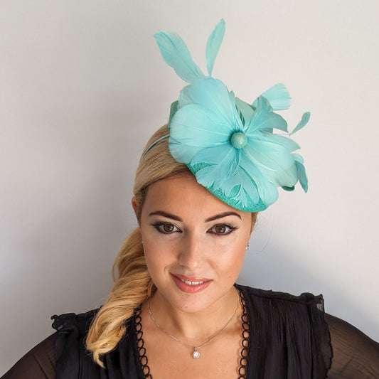 Seafoam mint green feather fascinator hat