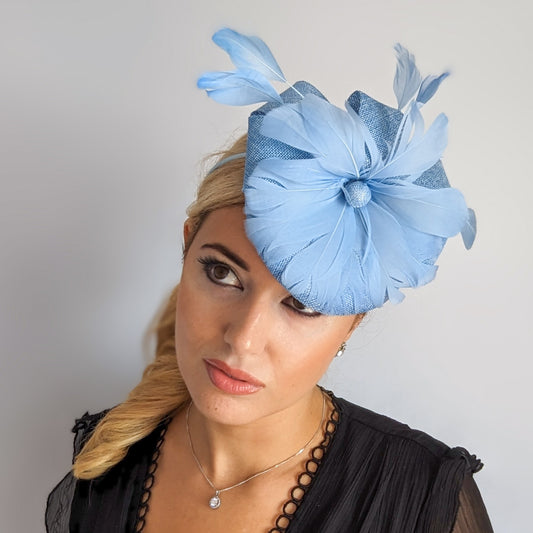 Light cornflower blue feather fascinator hat