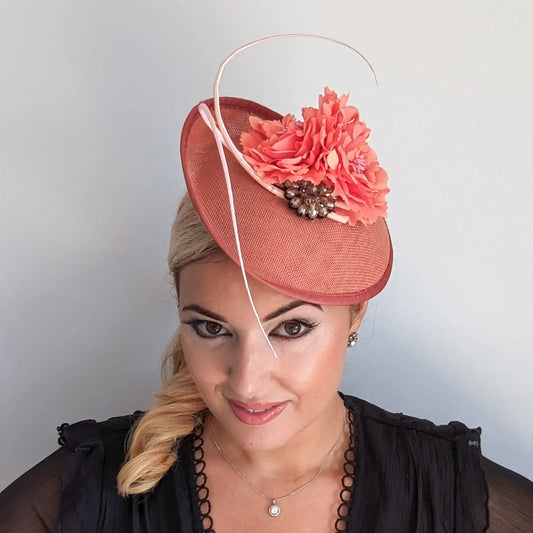 Terracotta dusty pink flower disc saucer fascinator hat House of Hats