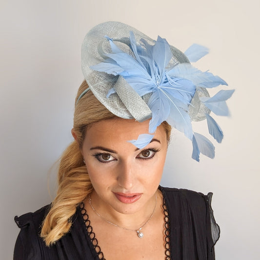 Aquamarine cornflower blue feather fascinator hat