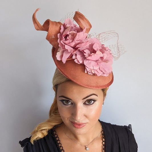 Terracotta dusty blush pink flower fascinator disc saucer hat