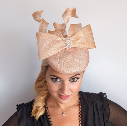 Light peach pink crystal bow fascinator hat