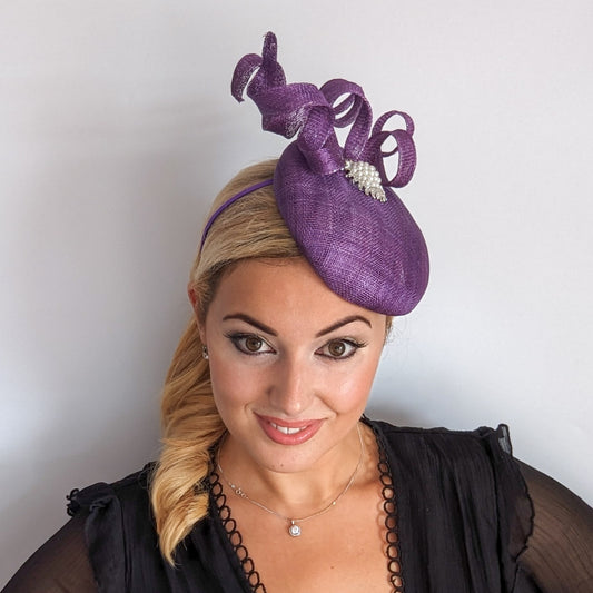 Aubergine purple pearl fascinator hat