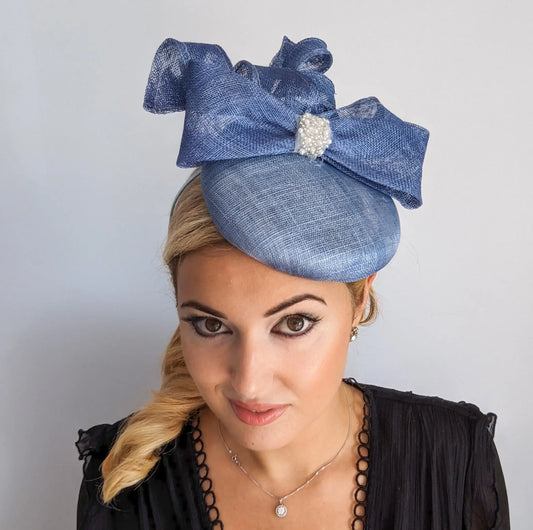 Cornflower blue crystal bow fascinator hat House of Hats