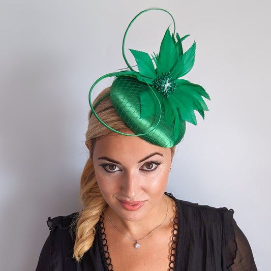 Shamrock green feather satin fascinator hat