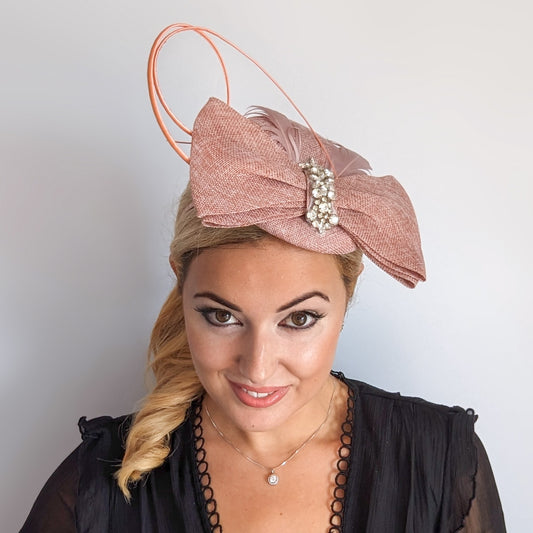Blush pink crystal feather bow fascinator hat